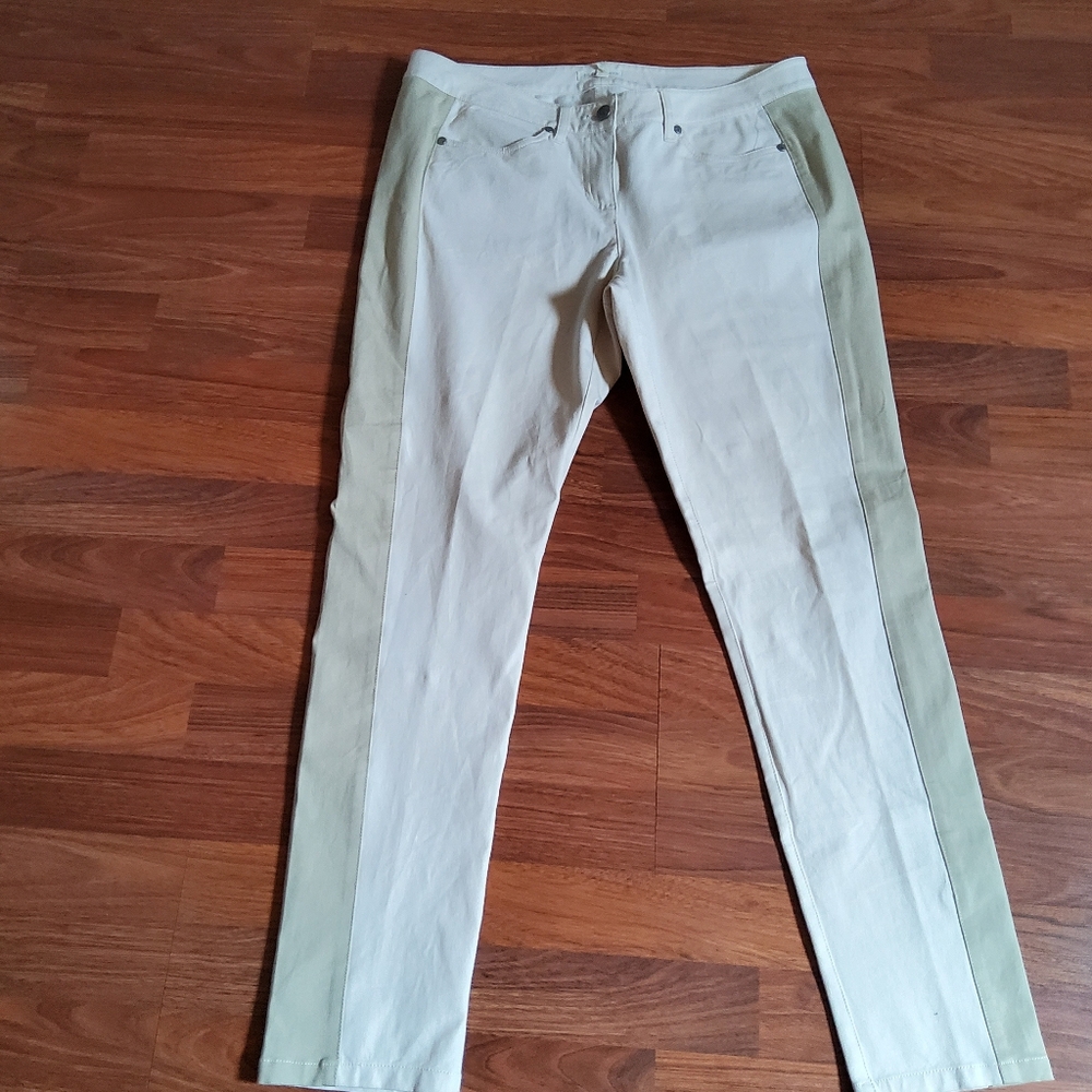 Eileen Fisher Organic Cotton Spandex Color Block Ankle Pants Size M Tan/Beige